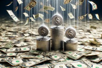 three coins with money raining on top of them