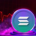 SOL cryptocurrency logo displayed on a glowing pedestal against a dramatic background with a steep red downtrend chart, illustrating the blockchain