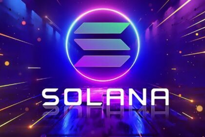 Artistic Solana logo with vibrant blue and purple lighting effects