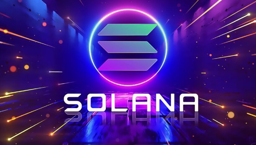 Artistic Solana logo with vibrant blue and purple lighting effects