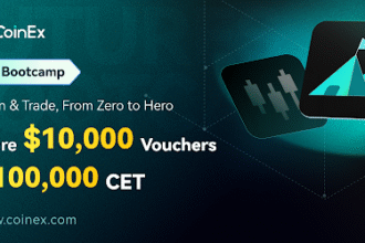 Imagen promocional del evento Bootcamp de Futuros: De principiante a experto, obtén $10.000 en cupones y 100.000 CET de CoinEx con su logo y fondo color verde.