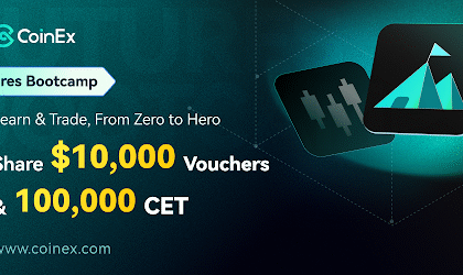 Imagen promocional del evento Bootcamp de Futuros: De principiante a experto, obtén $10.000 en cupones y 100.000 CET de CoinEx con su logo y fondo color verde.