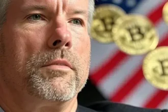 Michael Saylor, CEO de Strategy, con motivos de la bandera de EE. UU. y monedas de bitcoin