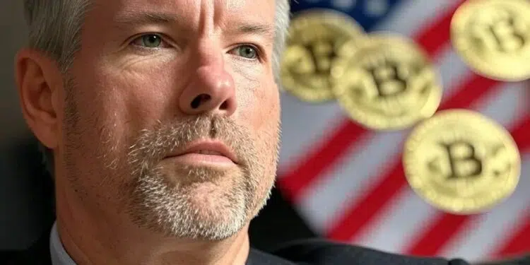 Michael Saylor, CEO de Strategy, con motivos de la bandera de EE. UU. y monedas de bitcoin