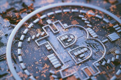 Bitcoin logo on circuit board, illustration