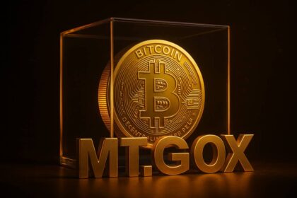 เหรียญ Bitcoin สีทองอยู่ในกล่องใสพร้อมตัวอักษร MT.GOX