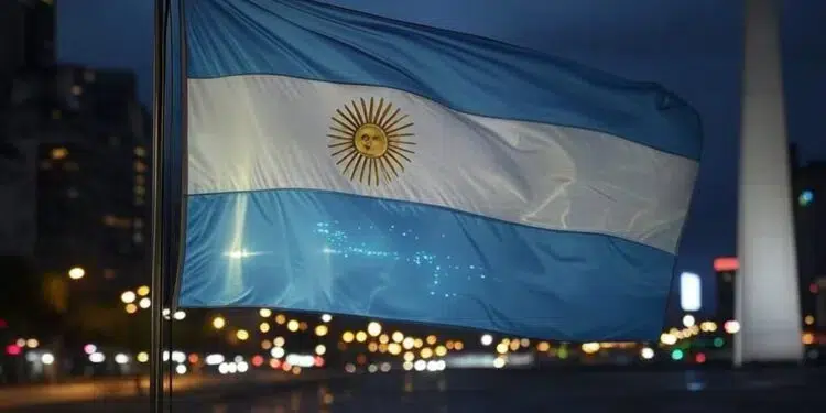 una bandera de argentina bajo el cielo nocturno de buenos aires