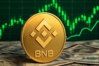 Una moneda dorada de BNB sobre unos dólares y un fondo de gráfico de precios.