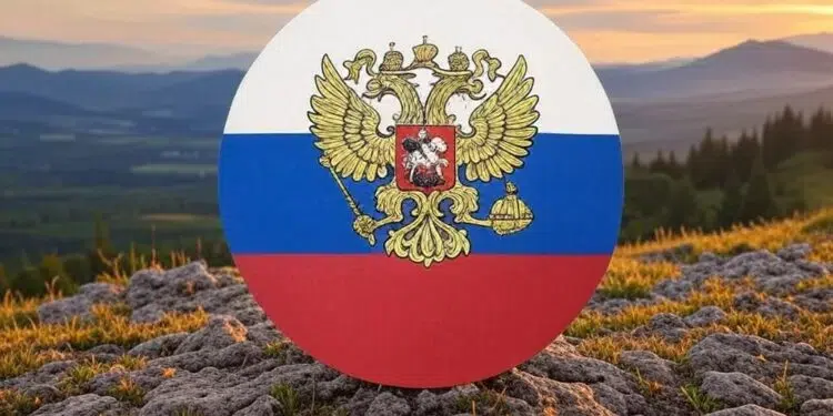 Escudo de Rusia delante de un paisaje rural.