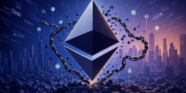 Logo de Ethereum sobre un fondo con detalles morados.