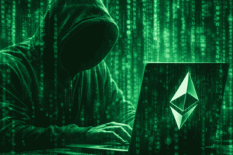 un hacker frente a una laptop que tiene el logo de Ethereum. Todo en tono verde