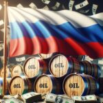 russia flag with oil barrels