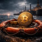 Bitcoin on a lifebuoy in choppy waters near an oil terminal, symbolizing market uncertainty as traders brace for a potential drop toward $50k despite outperforming gold and stocks