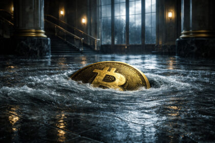 Bitcoin coin sinking in floodwater inside a grand bank hall, symbolizing price dropping below $70,000 after Fed inflation surge and ECB forecast shock