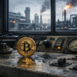 Bitcoin on an industrial control panel with oil refinery fires in the background as markets test a bullish move toward $75,000 after the Iran pause