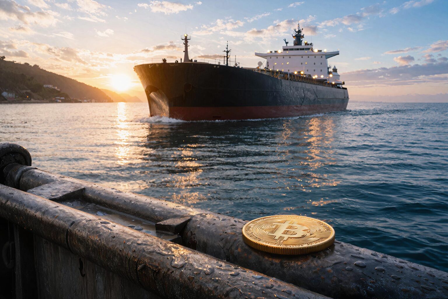 Bitcoin coin on a dock as an oil tanker passes at sunrise, reflecting easing supply shock and a potential price breakout toward lower oil levels