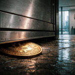 Bitcoin coin pinned beneath a closing metal door in a wet office corridor as a wall clock emphasizes the final minutes before a major options expiry
