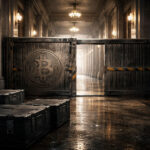 Bitcoin-marked barrier blocking a government hallway with cases left outside, symbolizing Citi lowering its price target as slow Washington policy delays impact crypto outlook
