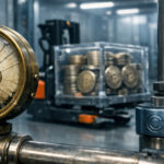 Cracked pressure gauge with a Bitcoin symbol in an industrial facility beside crates of BTC coins, representing market stress after Coinbase’s $69.5B wallet reshuffle disrupted a key Bitcoin bottom indicator