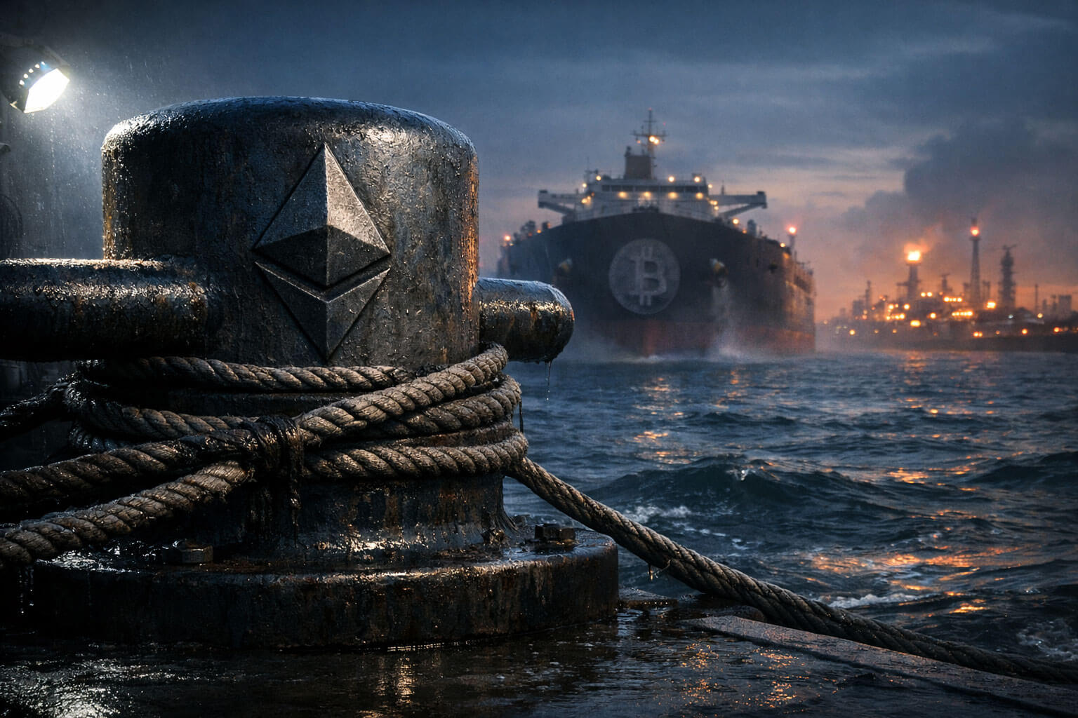 Ethereum logo anchored to a dock as a Bitcoin-marked tanker approaches through turbulent waters, symbolizing Ethereum gaining strength over Bitcoin amid shifting global markets during US-Iran tensions