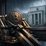 Bitcoin coin held in a mechanical clamp near a window overlooking a central bank building, symbolizing the Fed decision determining whether Bitcoin can break above $80,000