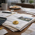 Bitcoin placed on home loan documents and bills illustrates using BTC as collateral to address the US housing crisis