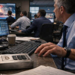 Trader monitors geopolitical crisis on screens while using a Bitcoin device, showing BTC acting as a real-time market risk indicator rather than a traditional safe haven