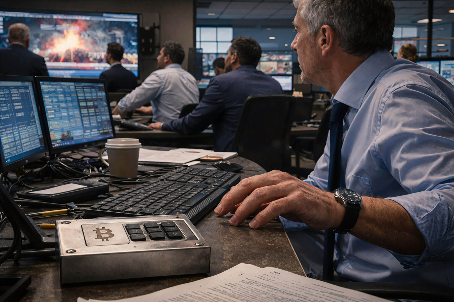 Trader monitors geopolitical crisis on screens while using a Bitcoin device, showing BTC acting as a real-time market risk indicator rather than a traditional safe haven
