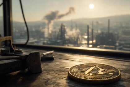 Bitcoin coin on a desk overlooking an industrial skyline as markets reverse $3 trillion and price surges above $70k in minutes