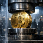 Bitcoin coin being compressed by an industrial press, symbolizing market stress as recession signals suggest a major test for Bitcoin ahead