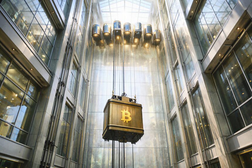 Bitcoin elevator rising inside a glass atrium as select crypto tokens approach all-time highs faster than BTC