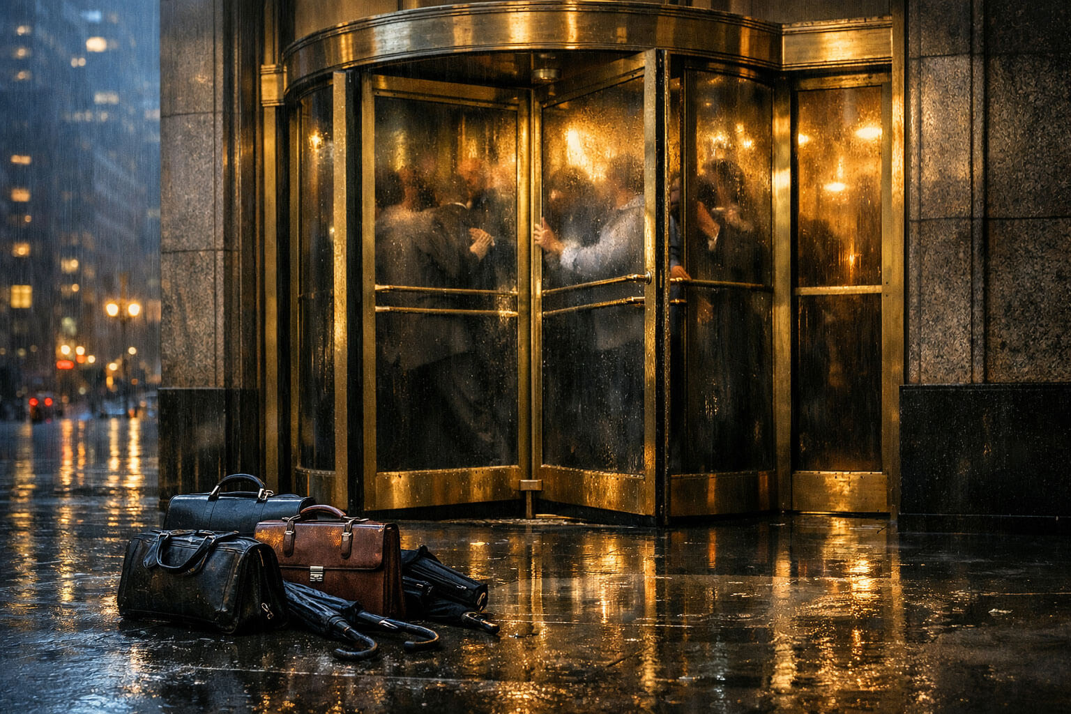 Investors crowded inside a revolving door at a Wall Street building while briefcases sit abandoned outside in the rain, symbolizing restricted withdrawals from private credit funds as money moves toward Bitcoin