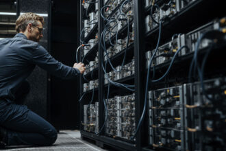 Engineer adjusting Bitcoin mining servers in a data center amid network power struggle over anti-spam proposal and disputed node support
