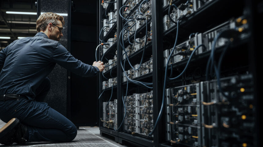 Engineer adjusting Bitcoin mining servers in a data center amid network power struggle over anti-spam proposal and disputed node support