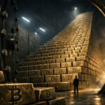 Massive vault stacked with gold Bitcoin bars rising like a pyramid as a lone figure looks on, illustrating rapid accumulation toward a potential 1 million BTC strategy driven by STRC