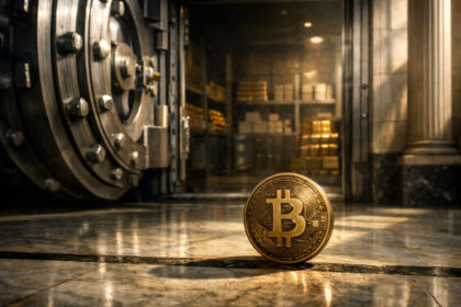 Hardware crypto wallet and Bitcoin coin on a bedside table as a masked intruder enters a home, illustrating rising physical security risks tied to Bitcoin self-custody for everyday investors in France