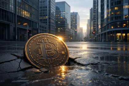 Bitcoin coin resting in a cracked city street at sunrise, reflecting a drop to $65,000 followed by early signs of recovery in the new trading week