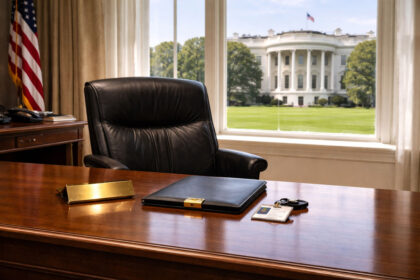 Empty White House office desk and chair overlooking the West Wing lawn, symbolizing the crypto czar’s departure after policy wins for banks and institutions over Bitcoin