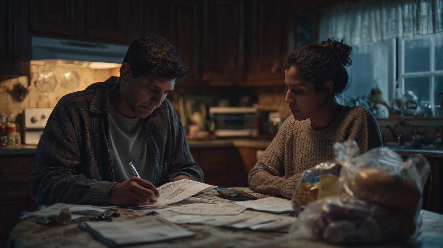 Couple reviewing bills at a kitchen table during rising costs, illustrating stagflation pressures and why Bitcoin holders need to understand its impact