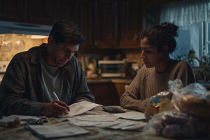 Couple reviewing bills at a kitchen table during rising costs, illustrating stagflation pressures and why Bitcoin holders need to understand its impact
