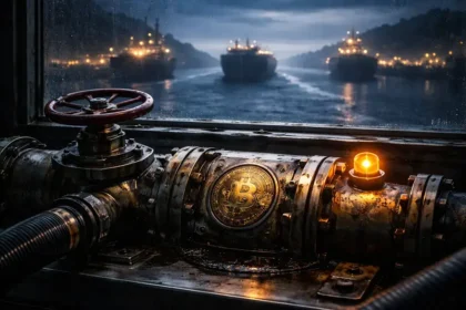 Binance-branded device with dark liquid in front of a Department of Justice seal, symbolizing renewed DOJ probe into Iran-linked crypto flows after the $4.3 billion settlement and CZ pardon