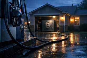 Gas pump connected to a home garage with a Bitcoin safe, symbolizing how rising fuel costs and mortgage rates are impacting Bitcoin holders