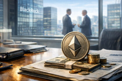 Ethereum coin on stacks of cash in a corporate boardroom with BlackRock offices in the background, symbolizing institutional crypto partnerships and the debate over real adoption versus crypto-washing in global payments networks