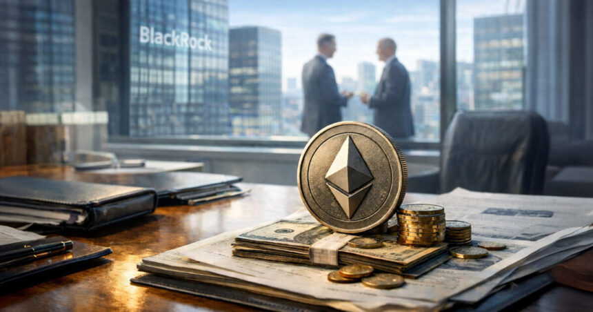 Ethereum coin on stacks of cash in a corporate boardroom with BlackRock offices in the background, symbolizing institutional crypto partnerships and the debate over real adoption versus crypto-washing in global payments networks