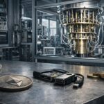 Ethereum hardware wallet and coins in a lab setting, symbolizing the migration battle over wallets, bridges and dormant assets amid quantum risks