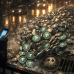 Pile of stablecoins spilling into a city storm drain as a trader checks a phone in the rain, symbolizing how a single crypto swap mistake can drain nearly all funds while trading bots capture the remaining value