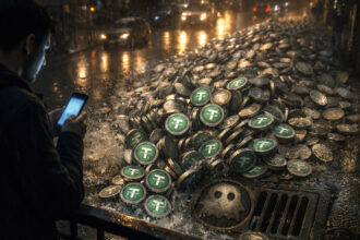 Pile of stablecoins spilling into a city storm drain as a trader checks a phone in the rain, symbolizing how a single crypto swap mistake can drain nearly all funds while trading bots capture the remaining value