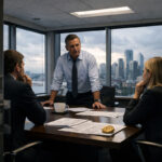 Executives in a boardroom reviewing documents beside a Bitcoin coin, reflecting institutional players influencing and repeatedly stalling the rally toward $70,000