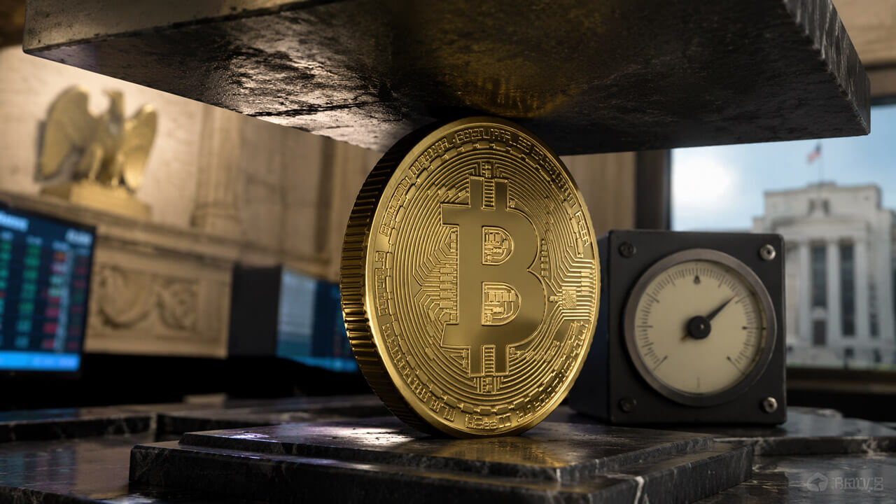 Bitcoin coin pinned beneath a heavy press beside a pressure gauge in a central bank setting, symbolizing Bitcoin’s recovery running into a Fed ceiling without cheaper money