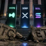 Broken Bitcoin and Ethereum ETF monuments beneath glowing HYPE, XRP, and Solana symbols illustrating investor rotation away from BTC and ETH funds into alternative crypto assets
